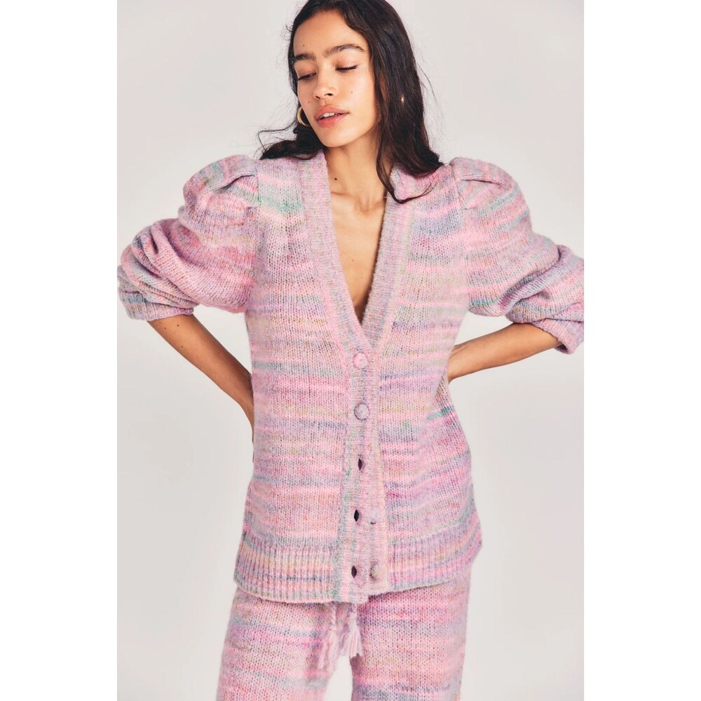 LoveShackFancy Wilford Boyfriend Cardigan Pink Cloud Pastel Rainbow Knit Small S